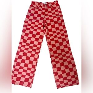 Zara red and pink checkered, high waist, wide leg jeans Size 28 NWOT 100% cotton